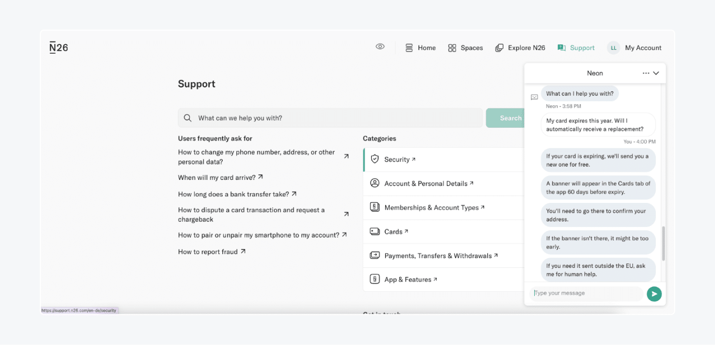 Example of mobile bank N26 using an AI assistant.