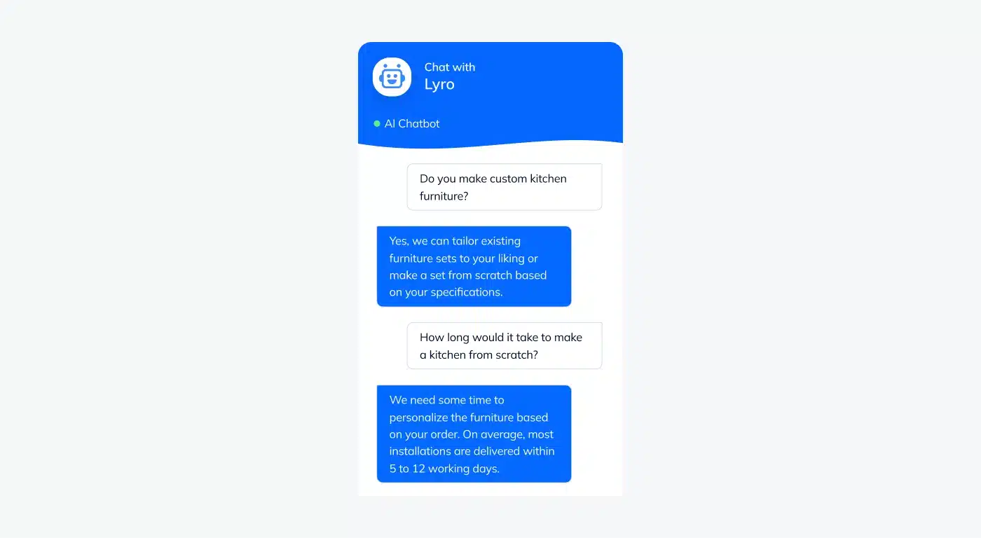 Tidio Lyro AI chatbot answering customer questions about kitchen furniture. Tidio Lyro AI chatbot answering customer questions about kitchen furniture.