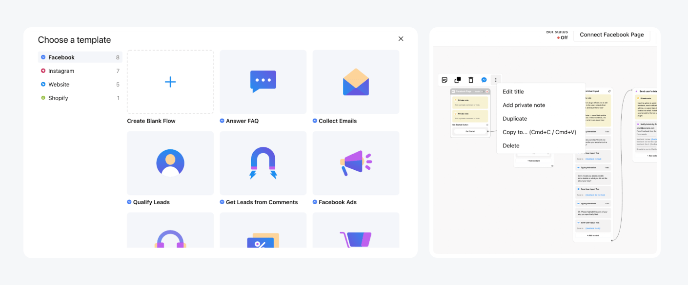 chatfuel chatbot builder Chatfuel’s chatbot builder with a template library.