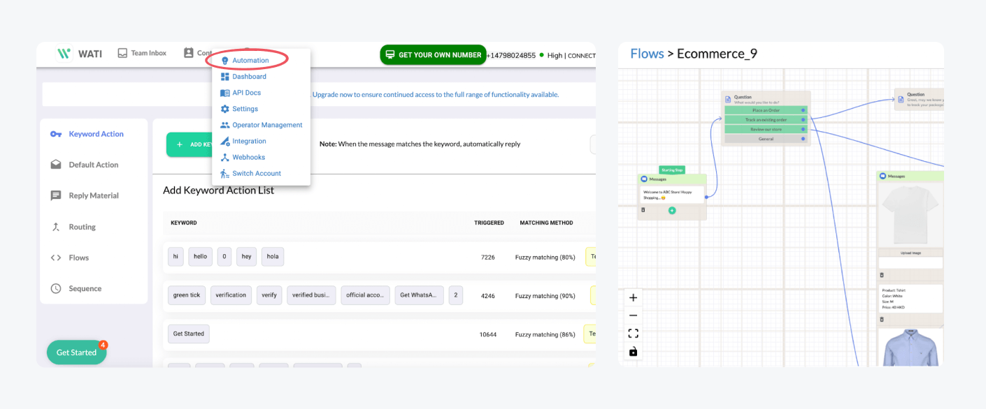 wati chatbot builder WATI’s dashboard options and the chatbot flow builder.