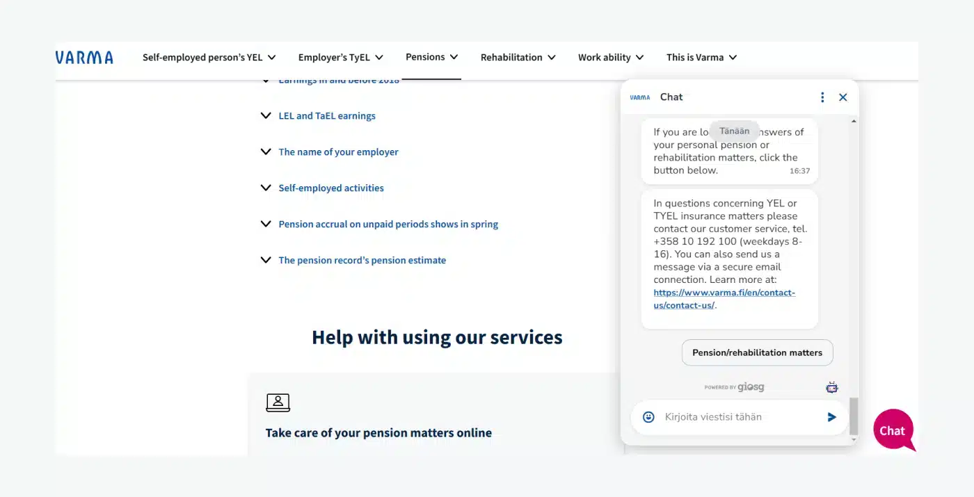 Illustration of Helmi, Varma’s AI chatbot, providing 24/7 pension-related assistance to customers in Finland.
