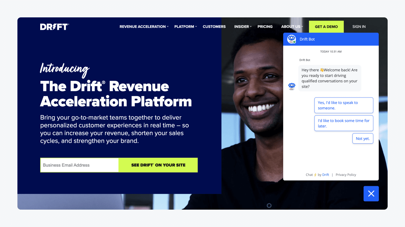 live chat para web drift función de chat en directo a la deriva