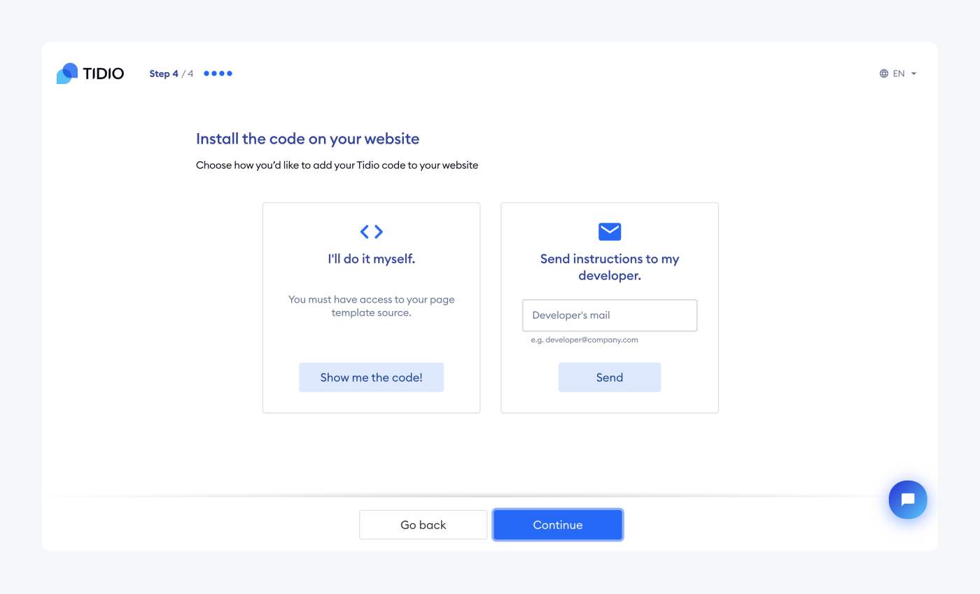 panel de tidio instale el código en su sitio web