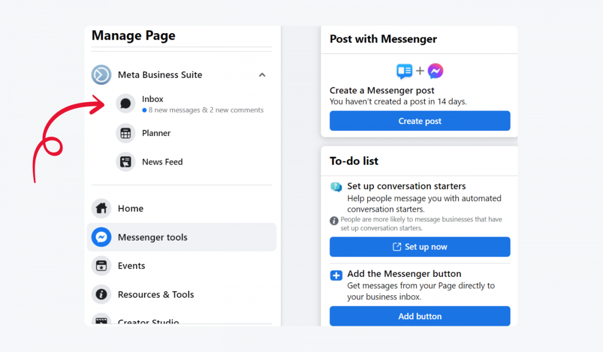 Meta Business Suite drop down menu open with an arrow pointing to the Inbox tab